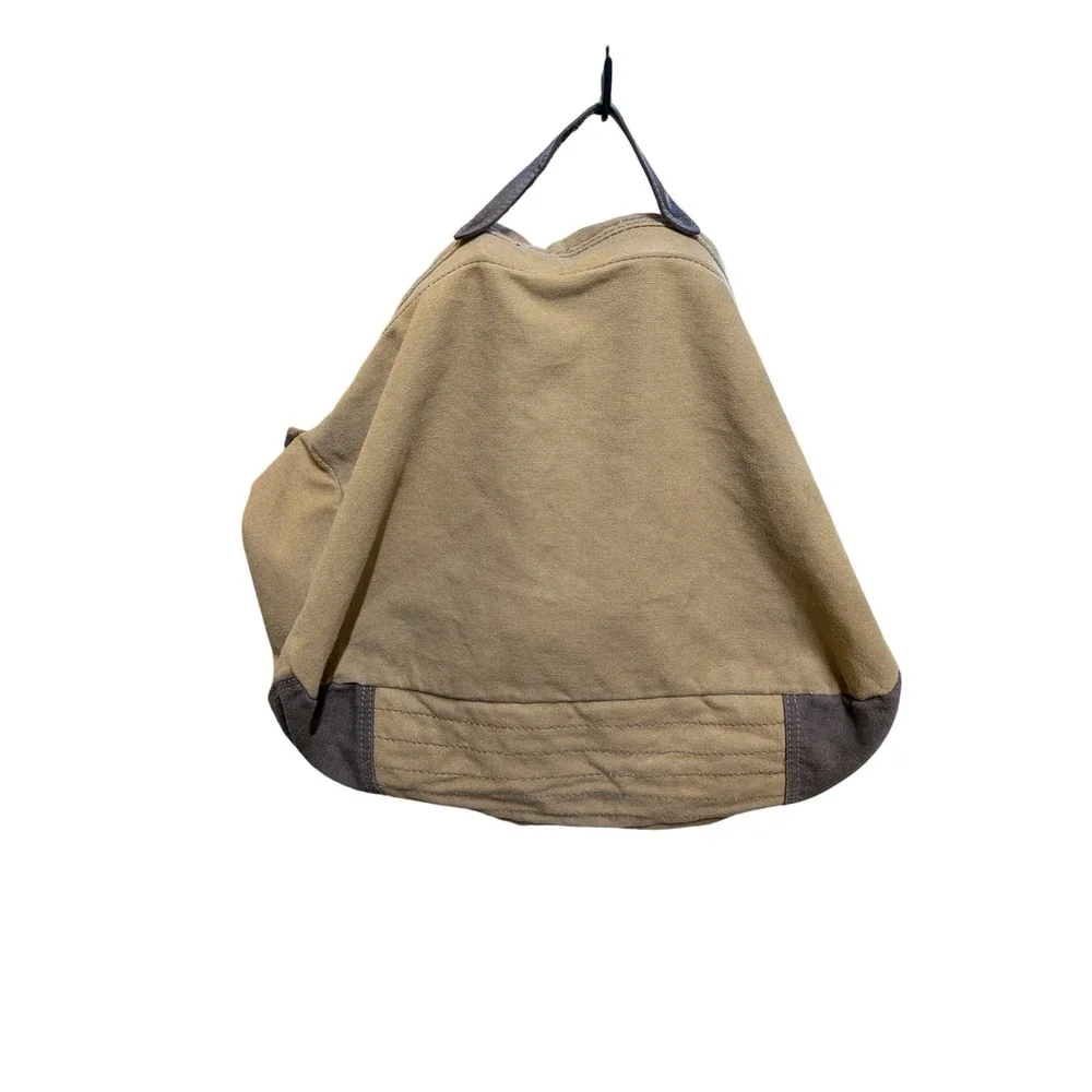 Tan Canvas Messenger Bag Brown Faux Leather Trim Buckle Flap Crossbody Satchel